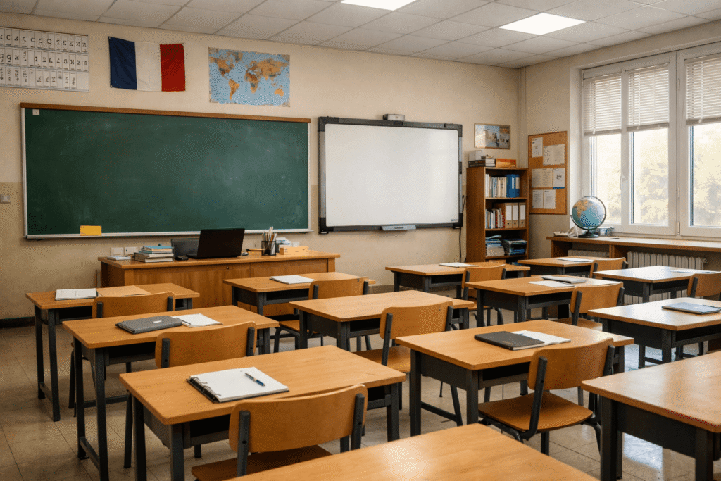 Une salle de classe vide d'élèves sans enfants.