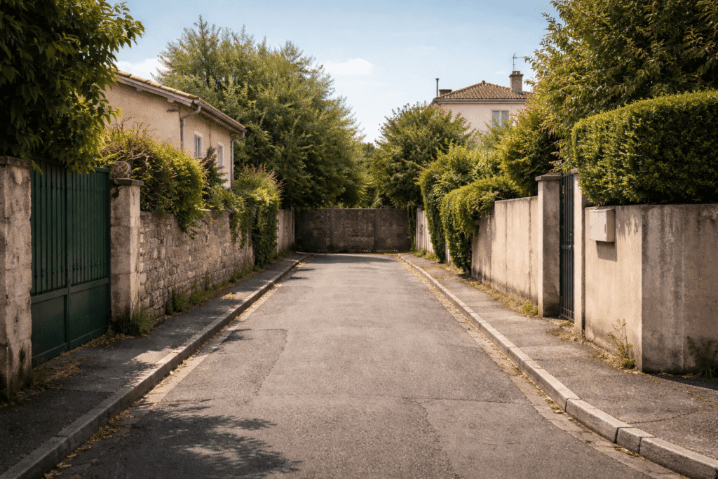 Impasse résidentielle calme bordée de maisons individuelles et de murs en pierre, avec une chaussée étroite menant à un mur au fond, entourée de végétation dense sous une lumière ensoleillée.