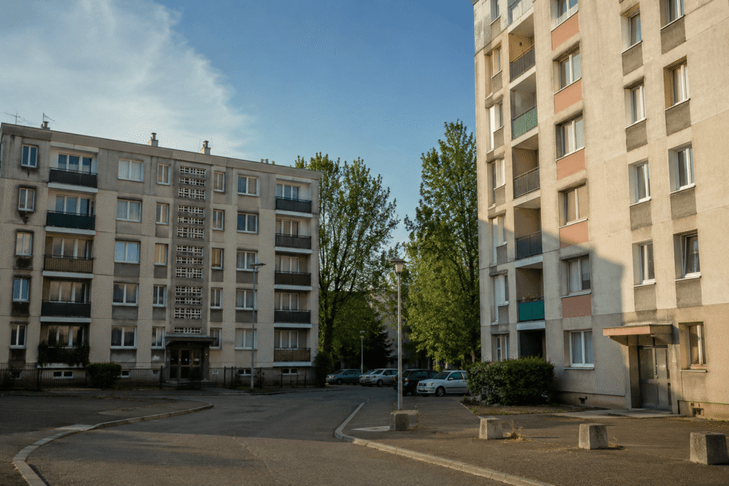 Vue d’une résidence de type HLM avec des immeubles collectifs, une cour intérieure et des espaces verts, illustrant le cadre d’une affaire criminelle jugée devant la cour d’assises de la Gironde.