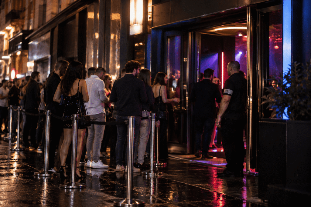Entrée d’une boîte de nuit de nuit, illustrant une affaire de violences volontaires ayant conduit à une relaxe partielle devant le tribunal correctionnel de Bordeaux.